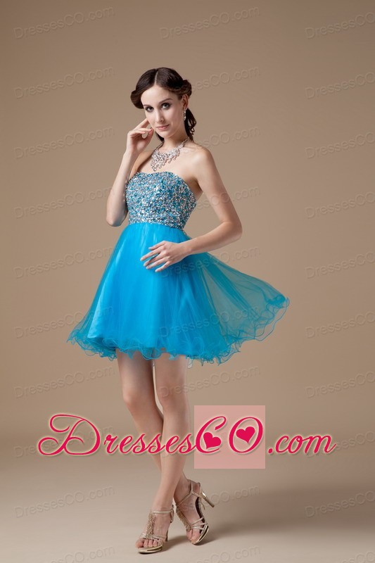Low Price Teal A-line Cocktail Dress Strapless Organza Beading Mini-length
